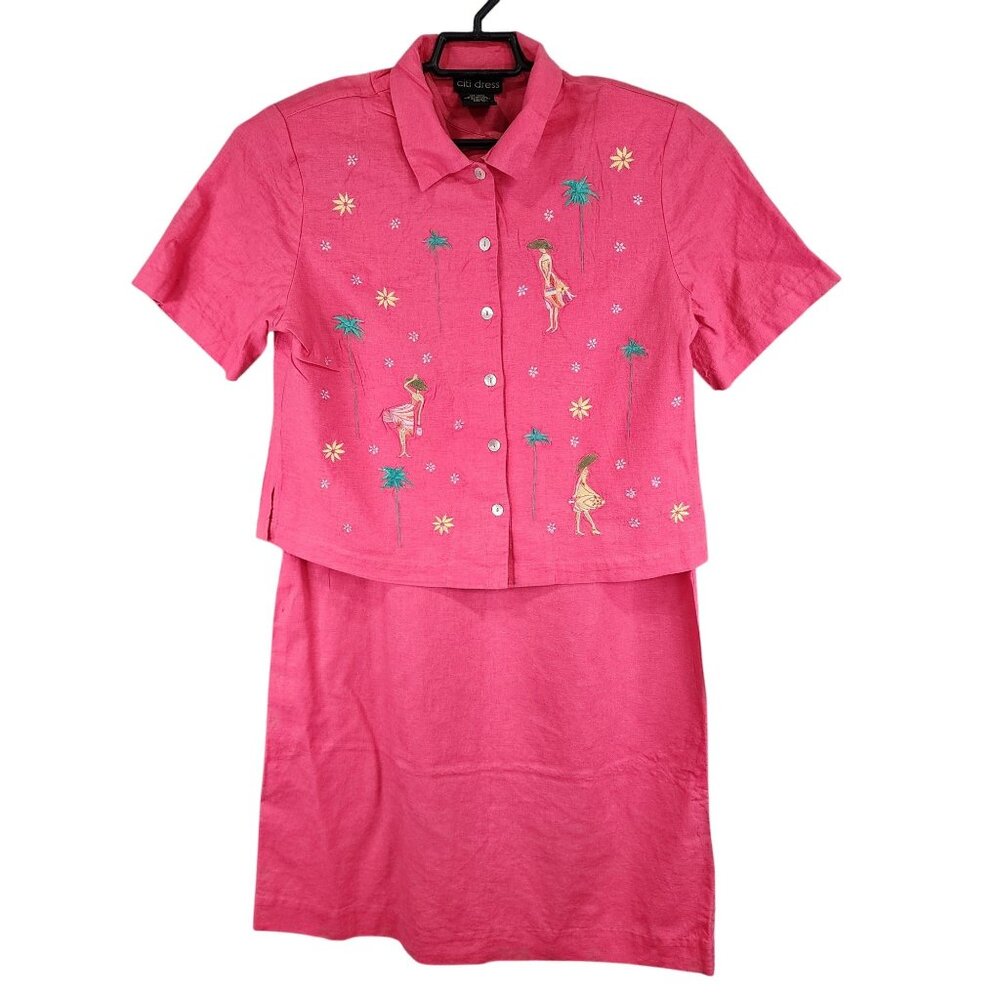 Womens Vintage Citi Dress Pink Linen & Rayon Embroidered 2 Piece Dress Set 14